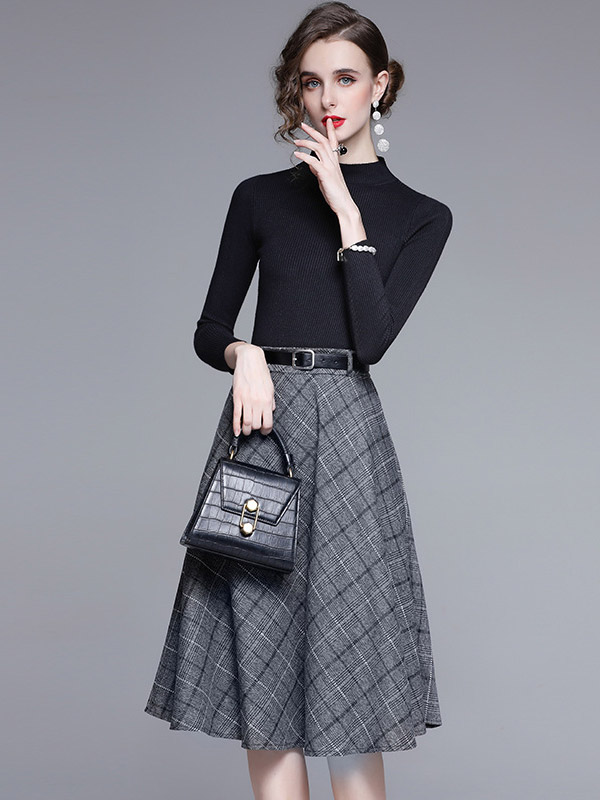 Black Knit Top and Grey Plaid Skirt Set