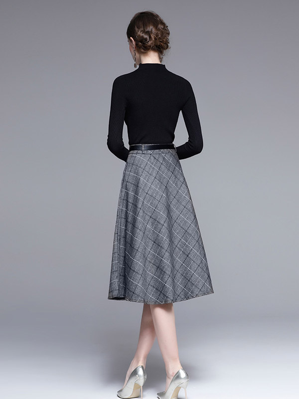 Black Knit Top and Grey Plaid Skirt Set