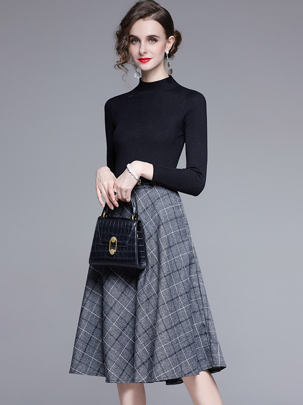 Black Knit Top and Grey Plaid Skirt Set