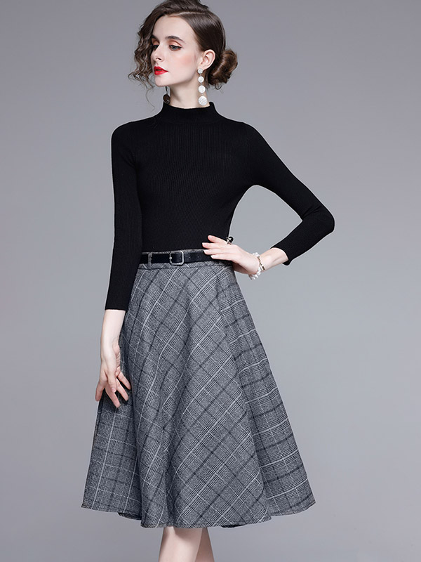 Black Knit Top and Grey Plaid Skirt Set