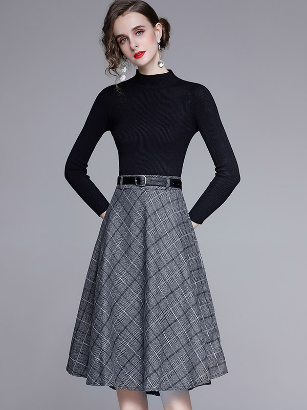 Black Knit Top and Grey Plaid Skirt Set