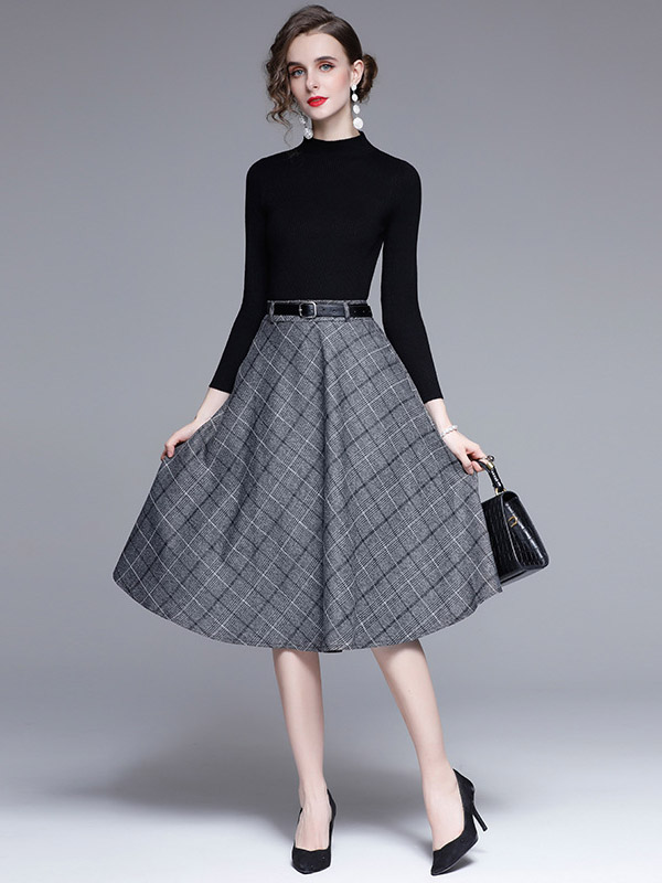 Black Knit Top and Grey Plaid Skirt Set