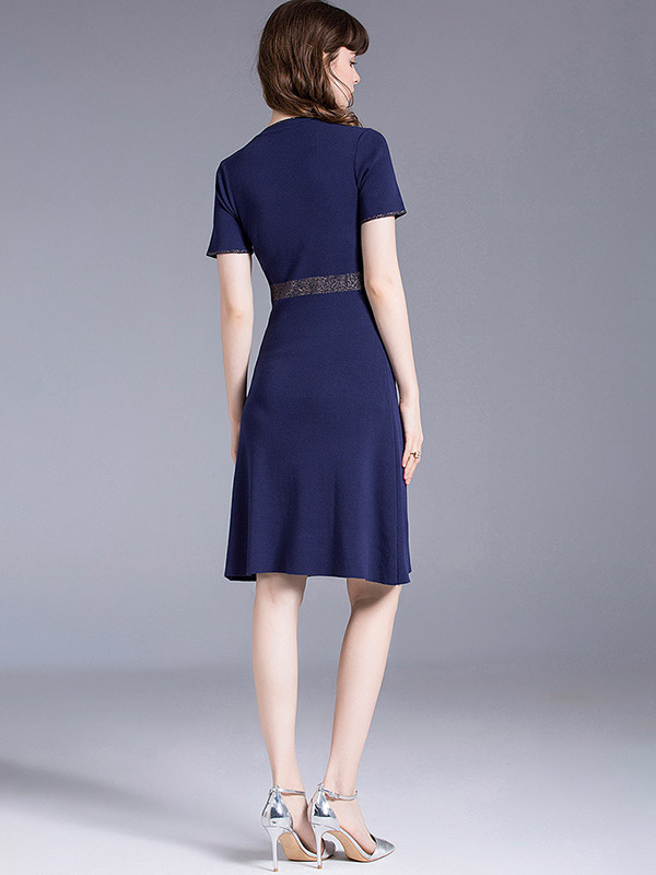 Navy Blue Gold Edge A-line Knit Dress