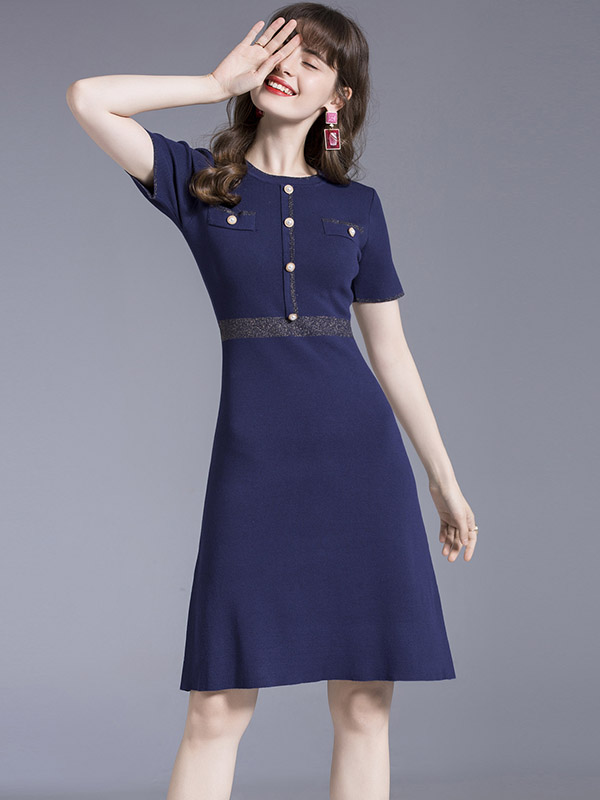 Navy Blue Gold Edge A-line Knit Dress