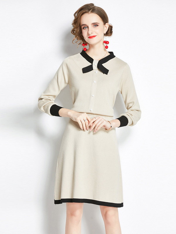 Beige Knit Dress Set with Bowknot Collar