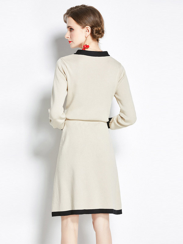 Beige Knit Dress Set with Bowknot Collar