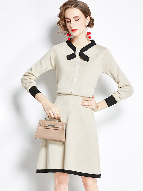 Beige Knit Dress Set with Bowknot Collar