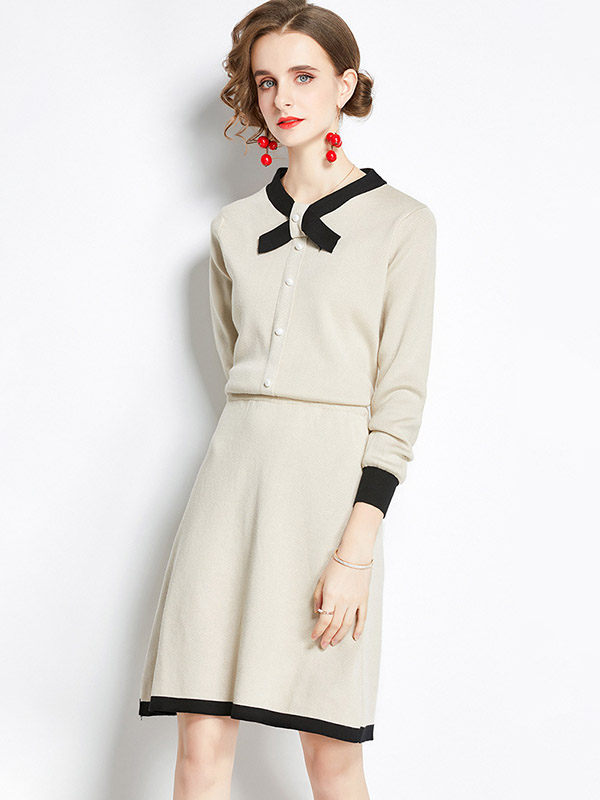 Beige Knit Dress Set with Bowknot Collar