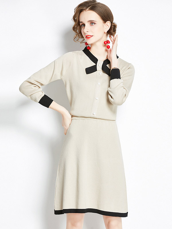 Beige Knit Dress Set with Bowknot Collar