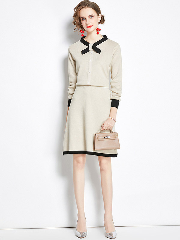 Beige Knit Dress Set with Bowknot Collar