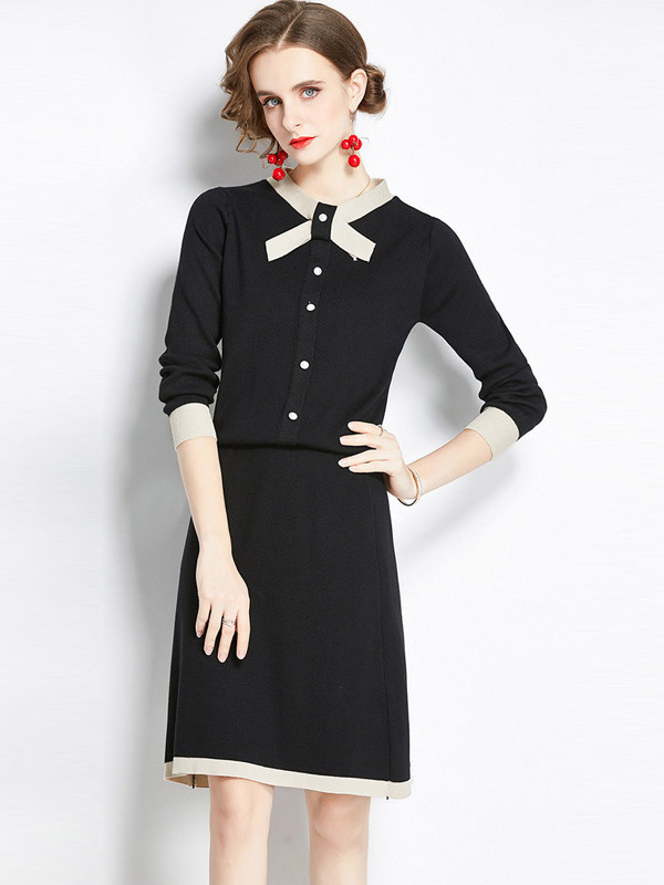 Black Knit Dress Set with Bowknot Collar