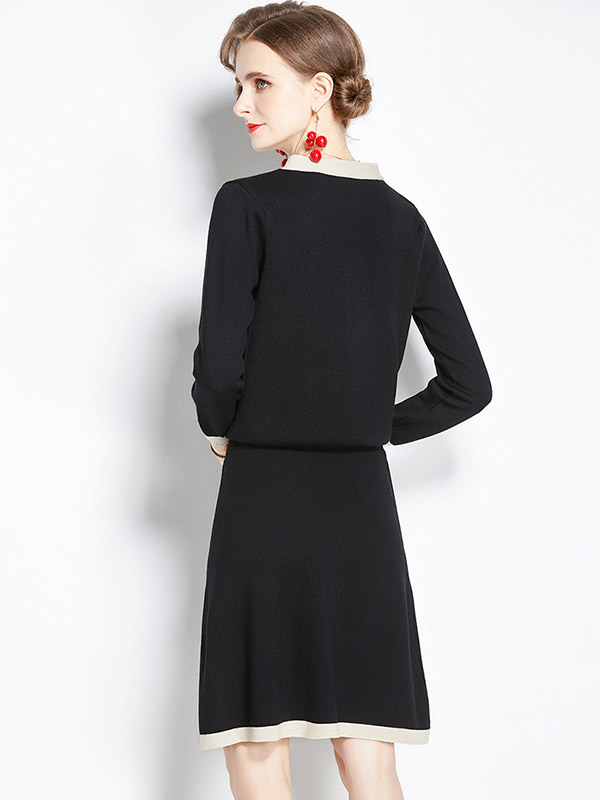 Black Knit Dress Set with Bowknot Collar