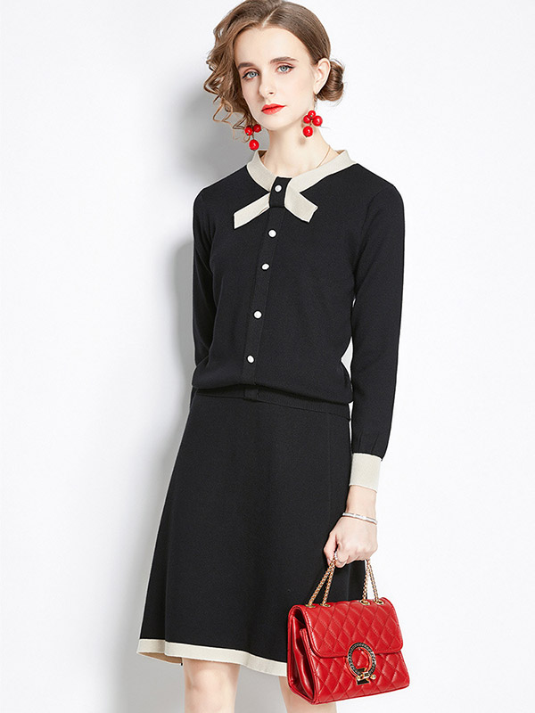 Black Knit Dress Set with Bowknot Collar