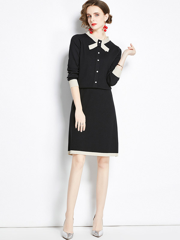 Black Knit Dress Set with Bowknot Collar