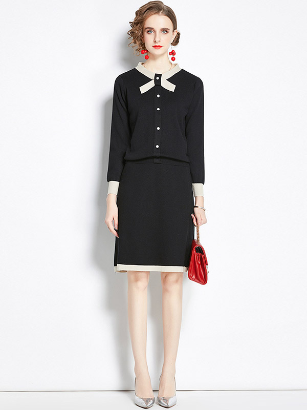 Black Knit Dress Set with Bowknot Collar