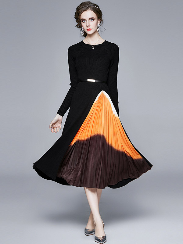 Black Gradient Pattern Knit Pleated Dress 