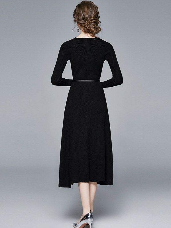 Black Gradient Pattern Knit Pleated Dress 