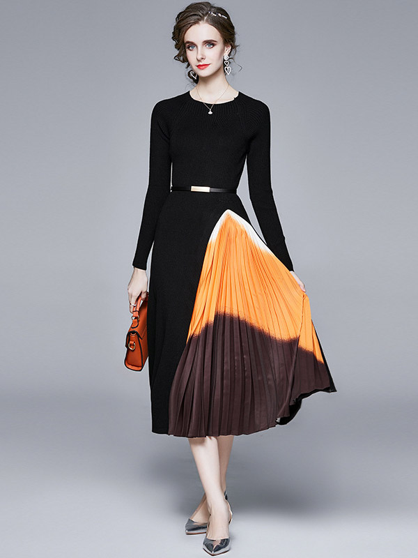 Black Gradient Pattern Knit Pleated Dress 