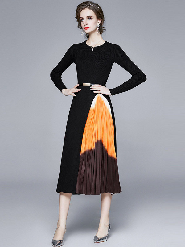 Black Gradient Pattern Knit Pleated Dress 