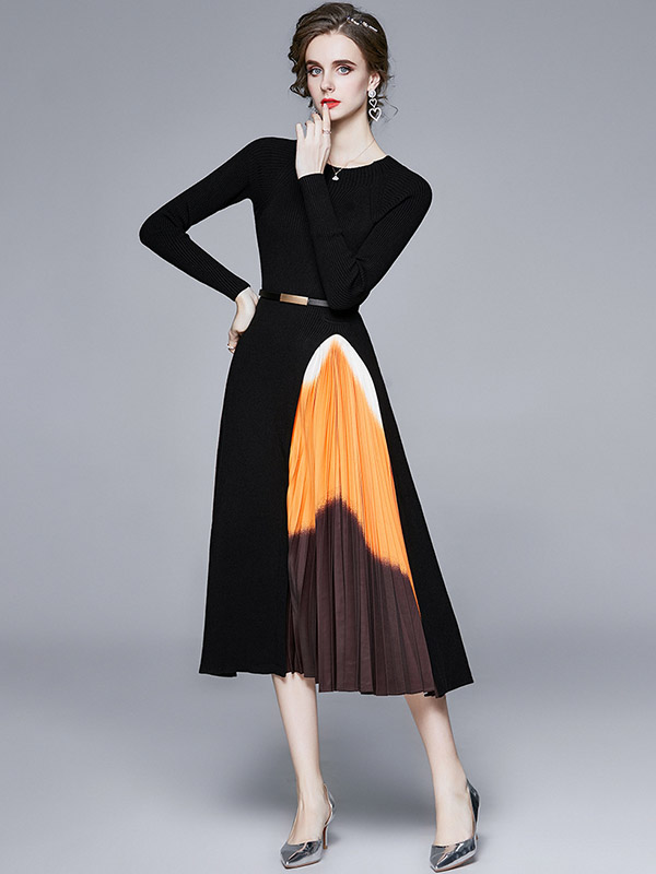 Black Gradient Pattern Knit Pleated Dress 