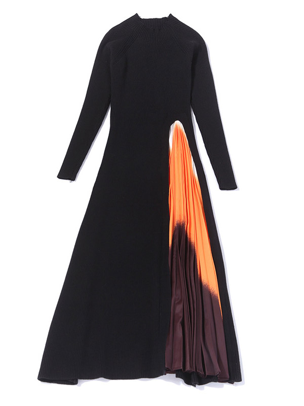 Black Gradient Pattern Knit Pleated Dress 