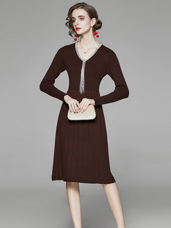 Brown V Neck Knitted Dress with Tassel Detail