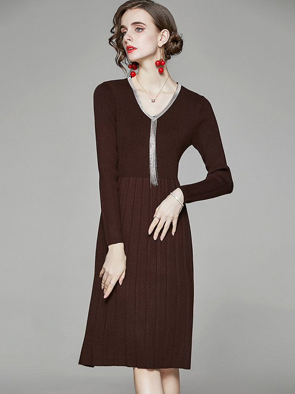 Brown V Neck Knitted Dress with Tassel Detail