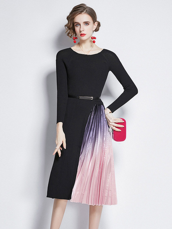 Black Knitted Dress with Satin Pleated Skirt