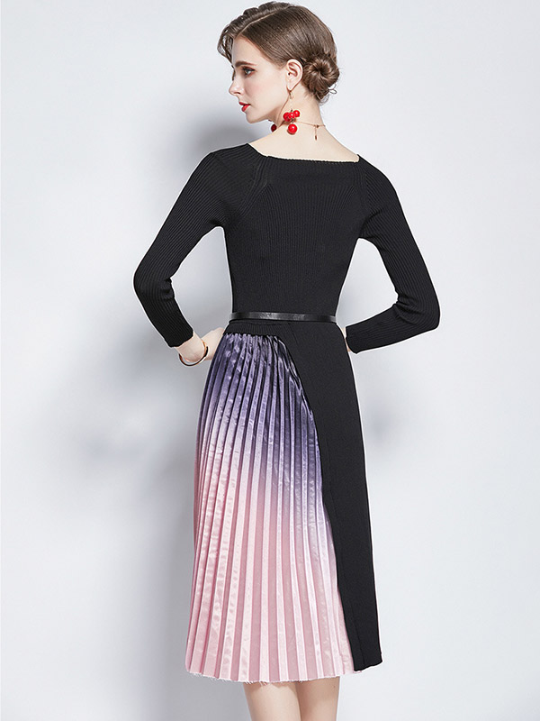 Black Knitted Dress with Satin Pleated Skirt