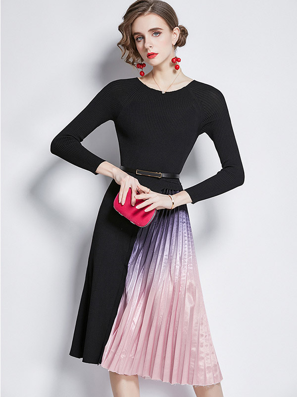 Black Knitted Dress with Satin Pleated Skirt