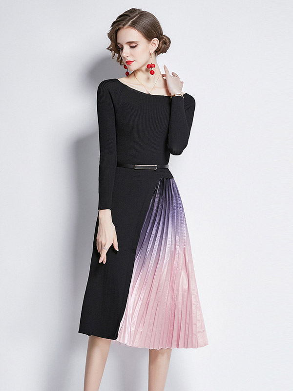 Black Knitted Dress with Satin Pleated Skirt