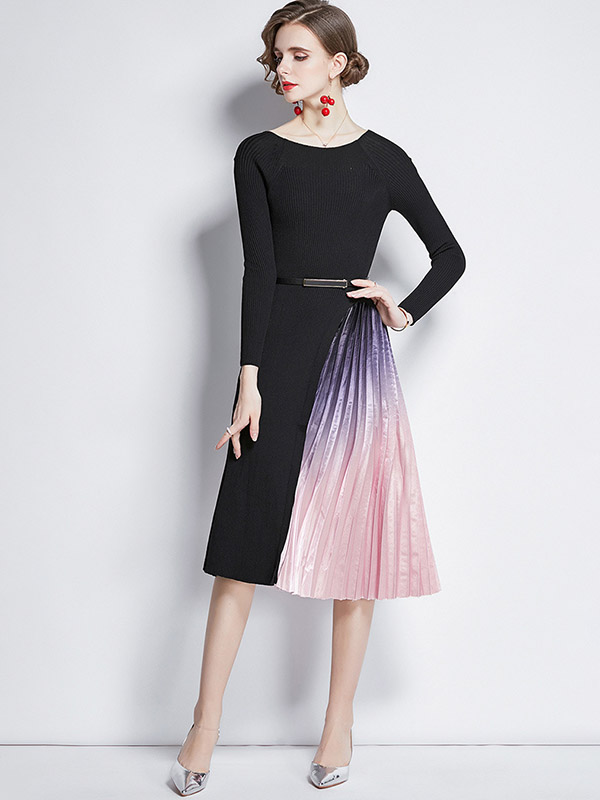 Black Knitted Dress with Satin Pleated Skirt