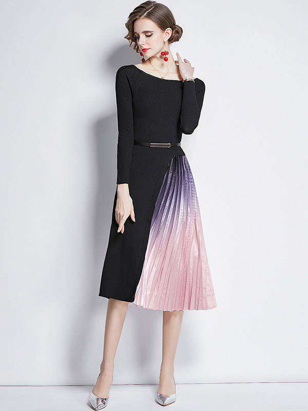 Black Knitted Dress with Satin Pleated Skirt