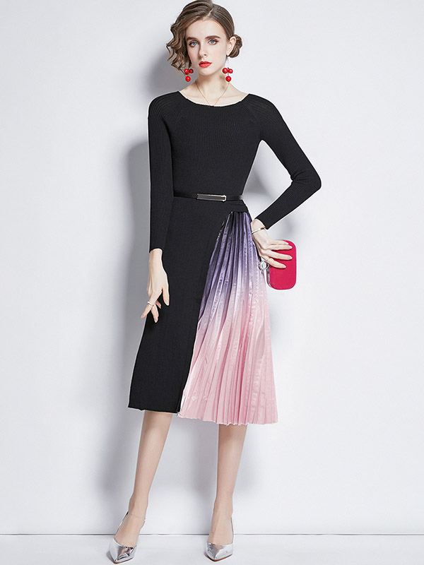 Black Knitted Dress with Satin Pleated Skirt