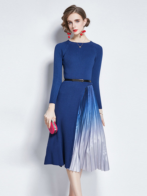 Blue Knitted Dress with Satin Pleated Skirt