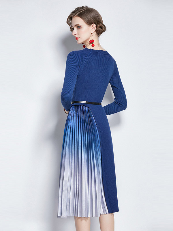 Blue Knitted Dress with Satin Pleated Skirt