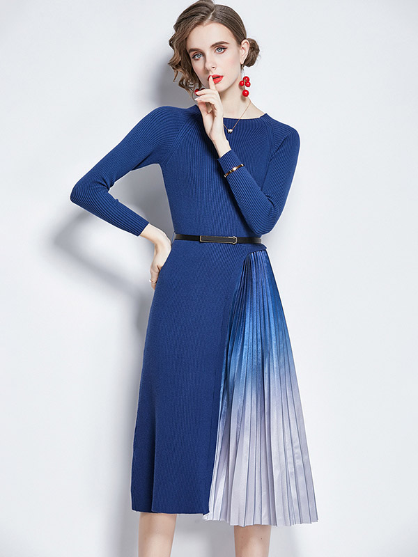 Blue Knitted Dress with Satin Pleated Skirt