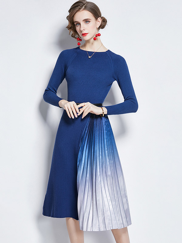 Blue Knitted Dress with Satin Pleated Skirt