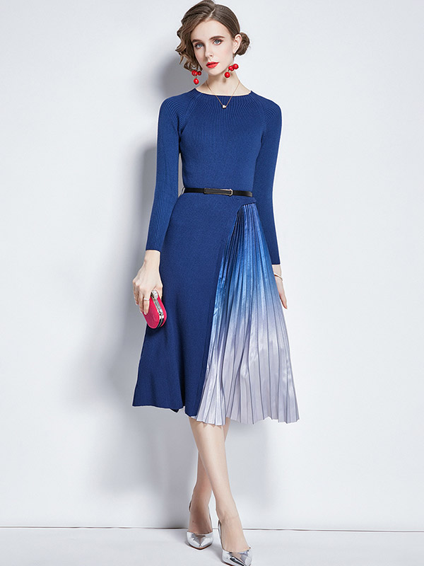 Blue Knitted Dress with Satin Pleated Skirt