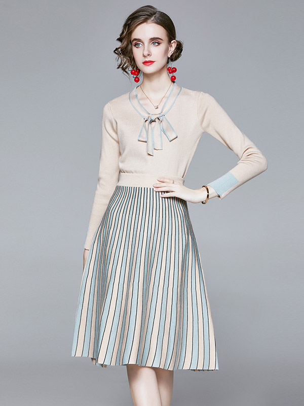 Khaki Striped Knit Top & Skirt