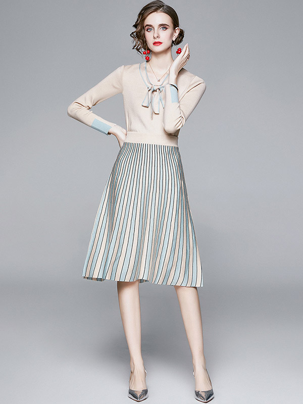 Khaki Striped Knit Top & Skirt