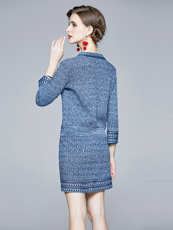 Blue Check Print Cardigan and Skirt