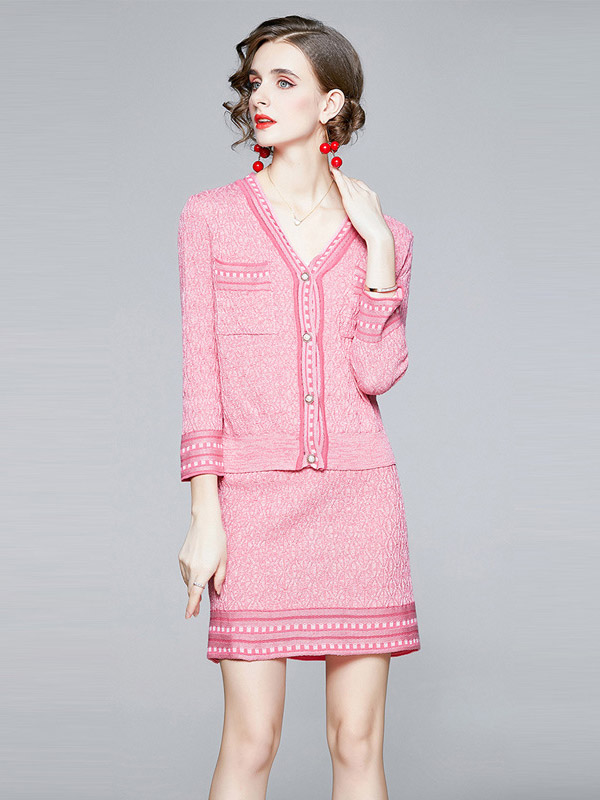 Pink Check Print Cardigan and Skirt