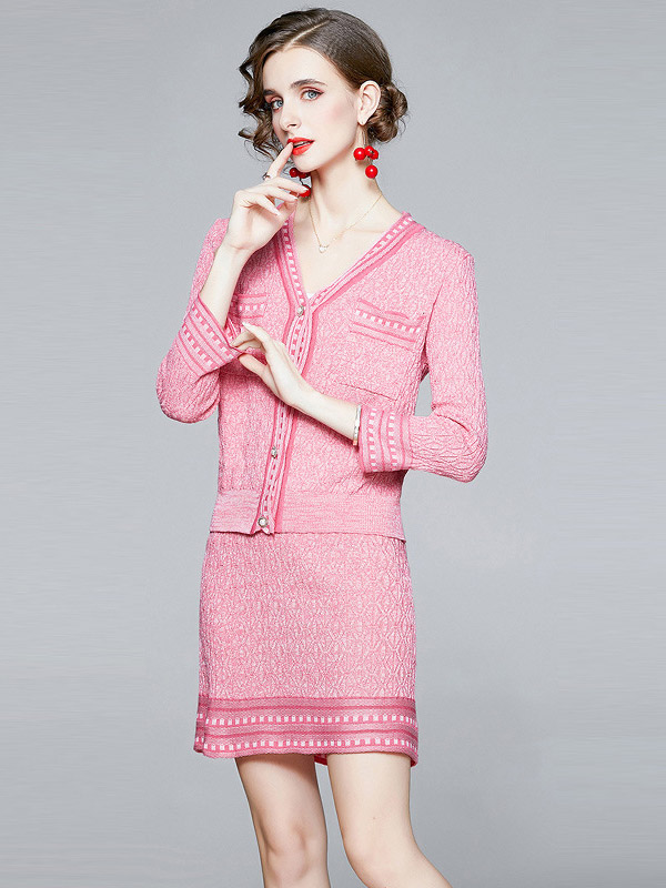 Pink Check Print Cardigan and Skirt