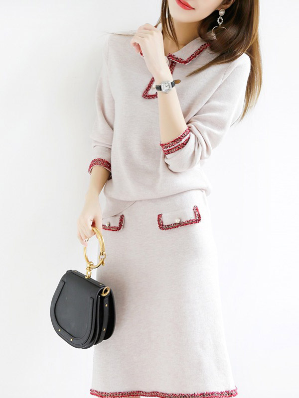 White Point Collar Knit Top and Skirt 