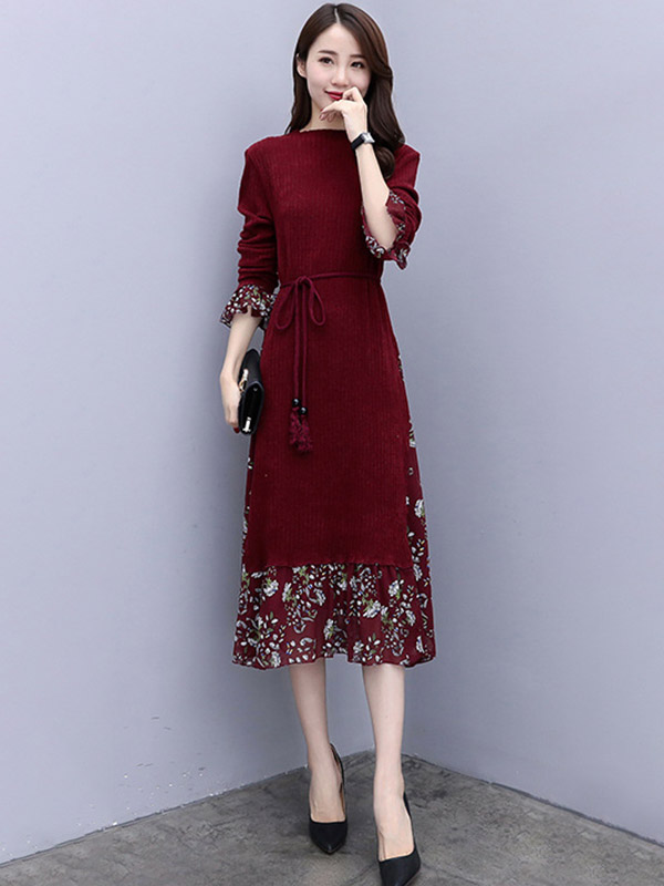 Burgundy Knitted Midi Dress in Floral Print