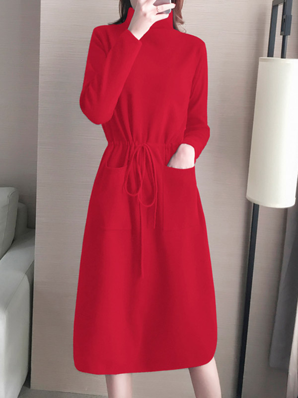 Red High Collar Tie Waist Midi Dress