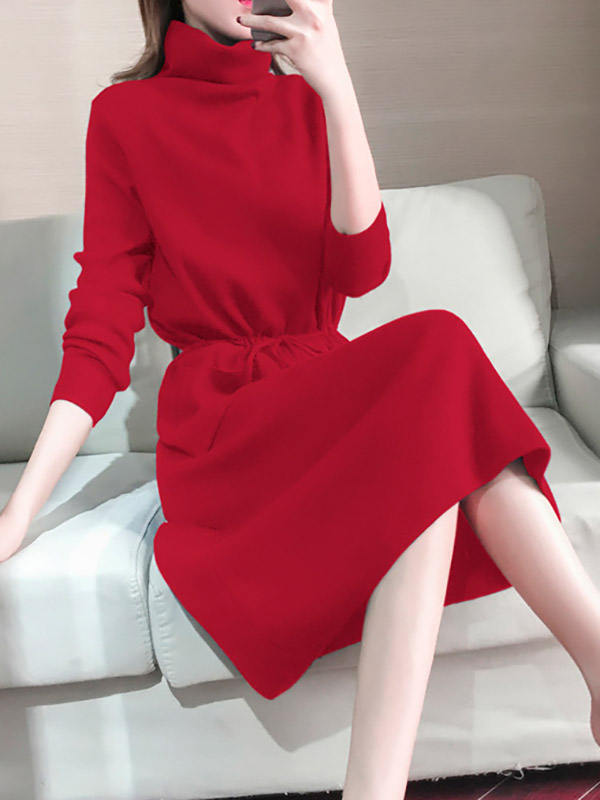 Red High Collar Tie Waist Midi Dress