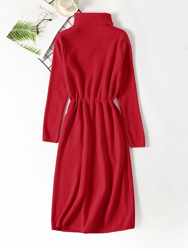 Red High Collar Tie Waist Midi Dress