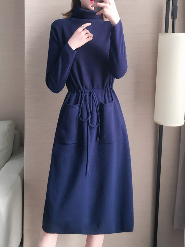 Navy Blue High Collar Tie Waist Midi Dress